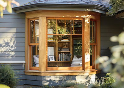 A classic custom-built wood bay window installed in a residential home in nelson bc.