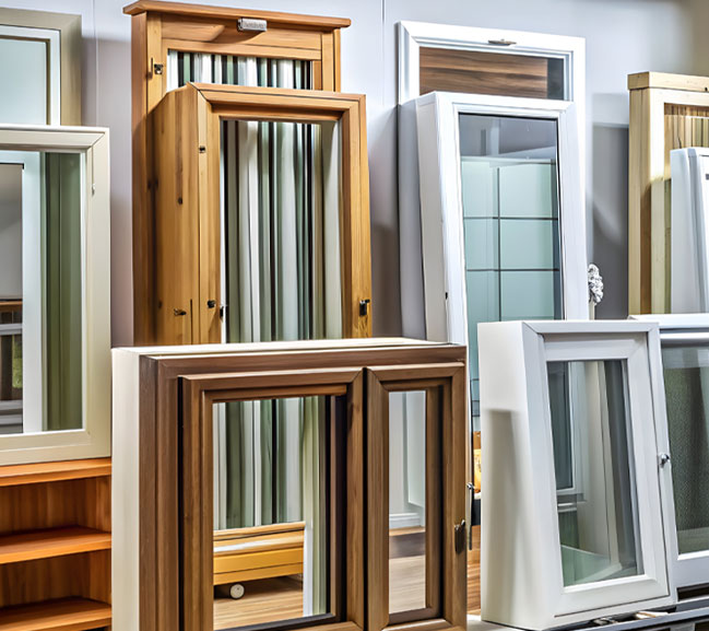 A variety of custom window styles including wood-clad, vinyl, and architectural frames at the Peter's Doors and Windows shop.