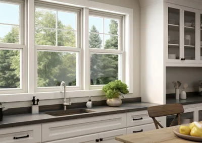 Bright kitchen featuring a row of large, energy-efficient white-framed windows in castlegar bc.