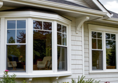 Exterior view of a premium white vinyl bay window with architectural detailing in castlegar bc.